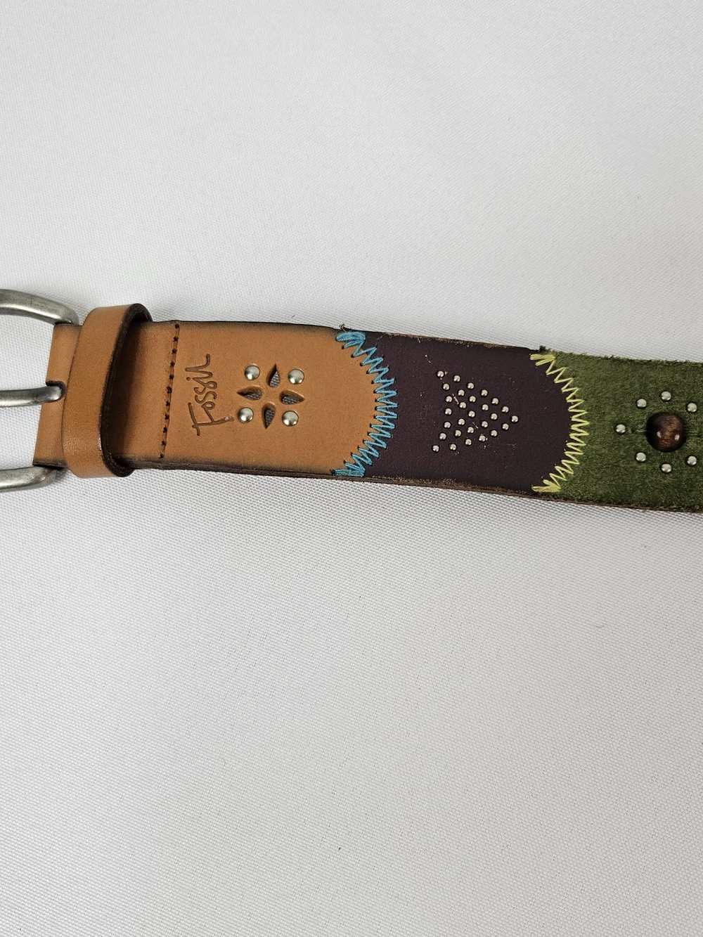 Fossil Leather Multicolor Studded Women's Belt - Green & Pink Accent